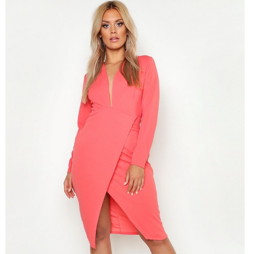 BooHoo+ plunge wrap midi dress
